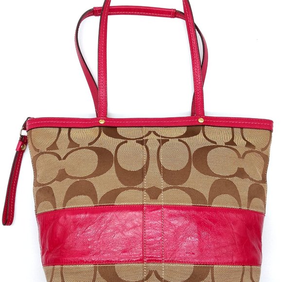 EUC Coach Signature Stripe Patent Leather Tote Shoulder Bag Khaki Pink 12429. - Picture 7 of 15